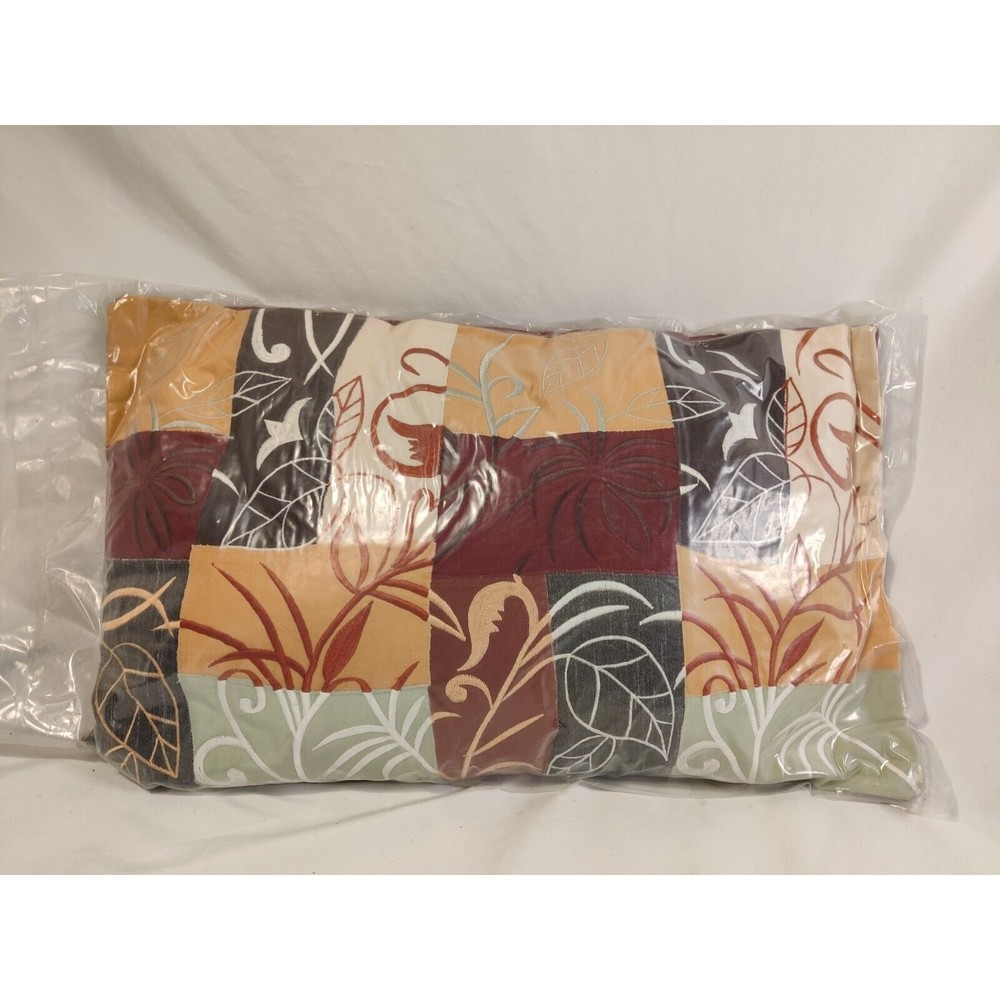 PIER 1 LUMBAR PILLOW 20 x 12" BOHO STYLE Leaves EMBROIDERY POLYESTER FILLED New